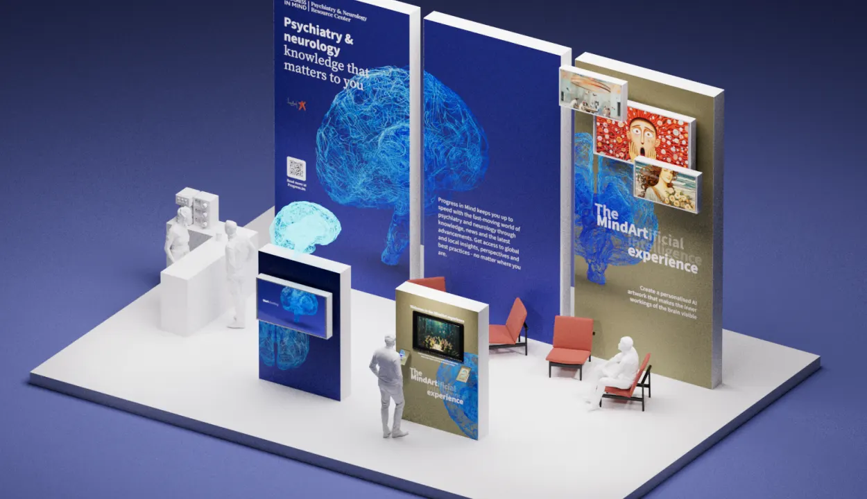 A 3D-rendered exhibit display with large vertical panels featuring brain imagery, text about psychiatry and neurology, digital screens, and artwork. White human figures interact with the exhibits and sit in chairs.