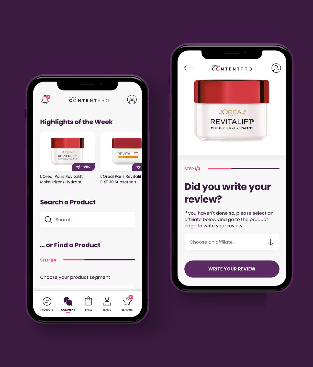 Two smartphones display a beauty product review app. The screens show LOréal Revitalift moisturizer, a search bar, product highlights, steps to write a review, and navigation icons, all on a purple background.