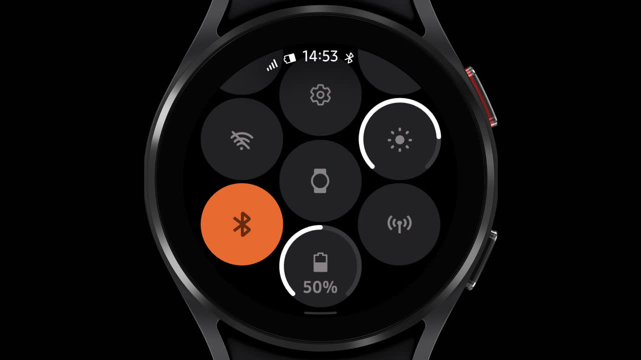 A smartwatch screen displays quick settings icons, including WiFi, Bluetooth (highlighted in orange), brightness, battery at 50%, and other controls, with the time shown as 14:53 at the top.
