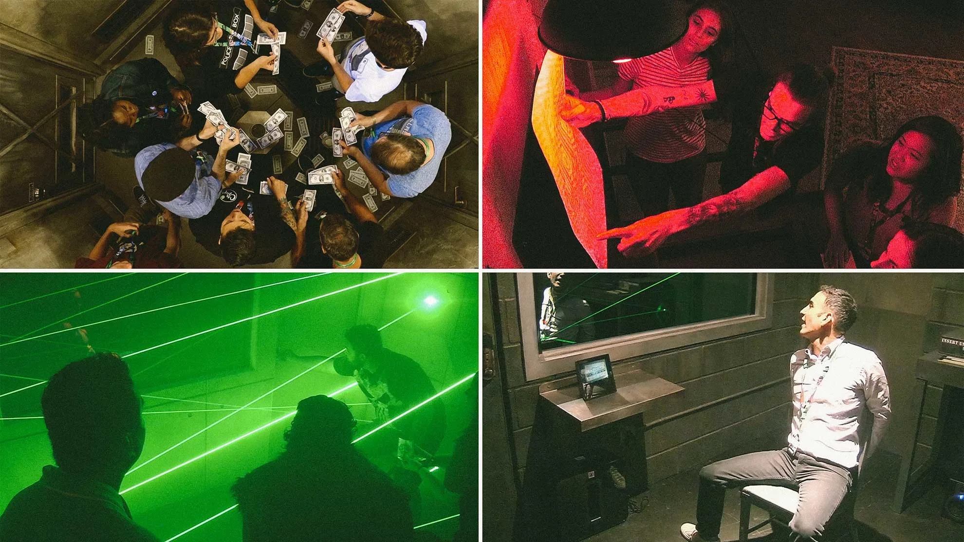 A collage of four images showing groups of people participating in escape room activities: solving puzzles, examining clues, navigating green laser beams, and a man tied to a chair in a dimly lit room.