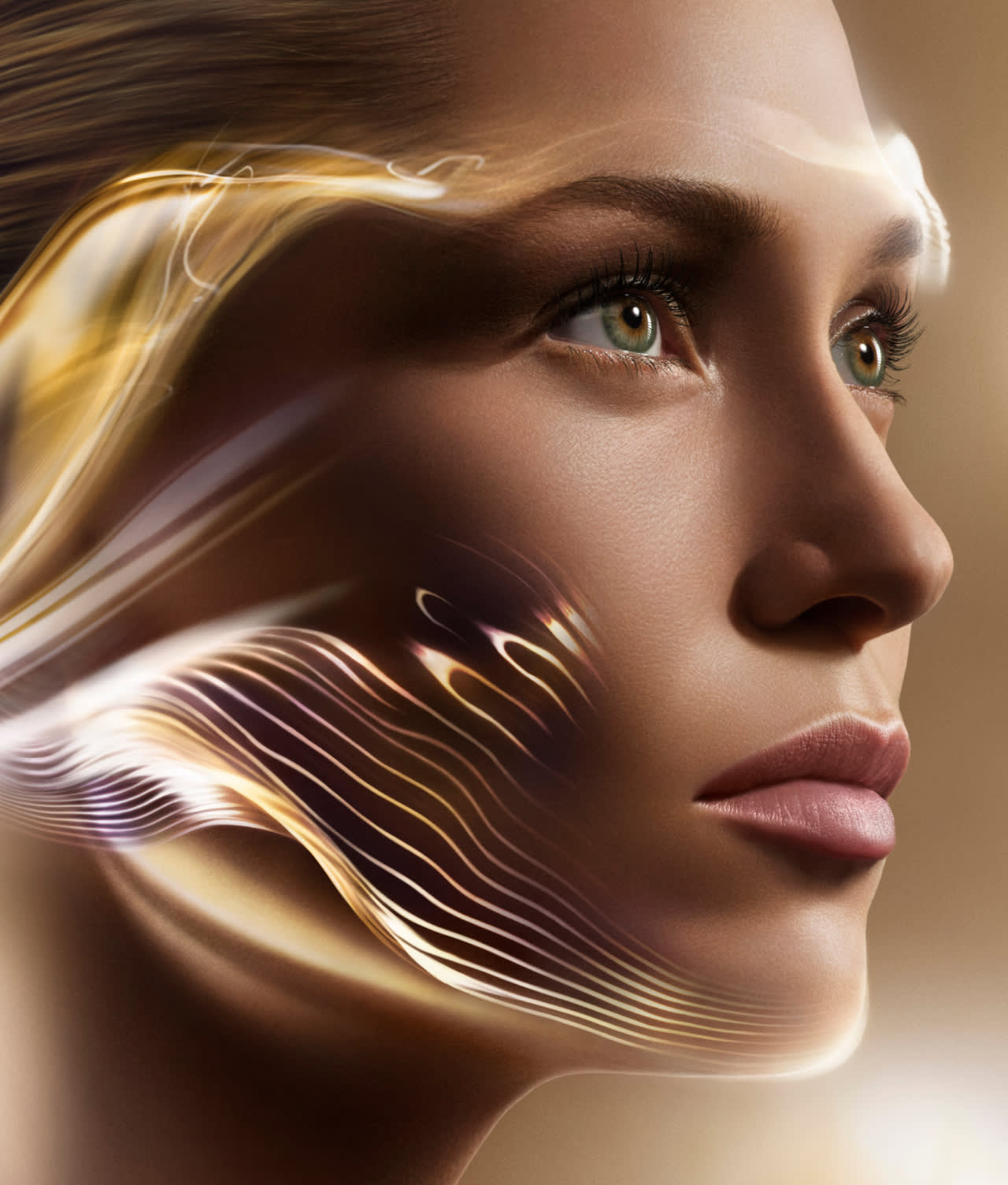 A close-up of a womans face in profile with soft, golden light and flowing abstract light streaks surrounding her, creating a futuristic and ethereal effect.