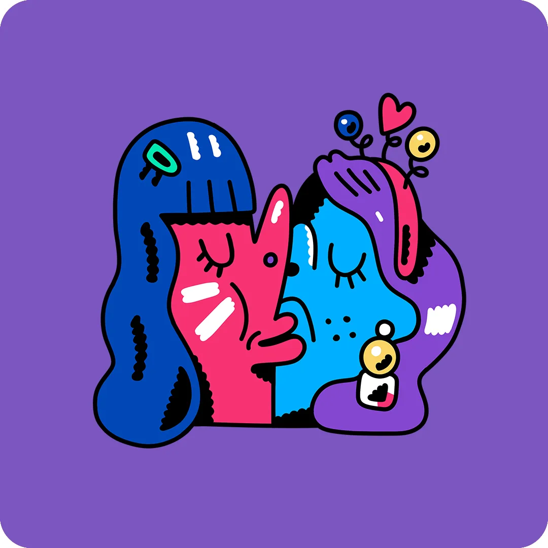 Abstract illustration of two colorful faces, one red and one blue, facing each other with closed eyes, set against a purple background. The faces are outlined with playful lines and surrounded by whimsical shapes and symbols.