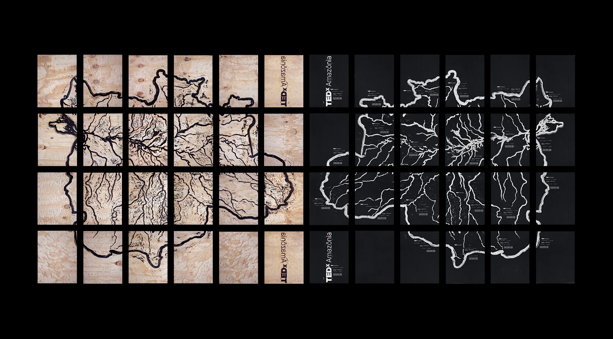 Side-by-side grids display maps of river systems, one on a wood texture (left) and one on a black background with white labels (right), both labeled TEDxAmazonia at the edge.