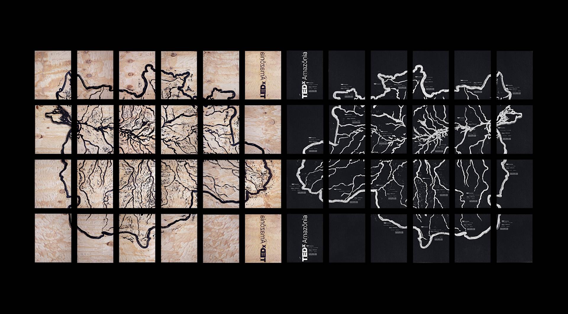 Side-by-side grids display maps of river systems, one on a wood texture (left) and one on a black background with white labels (right), both labeled TEDxAmazonia at the edge.