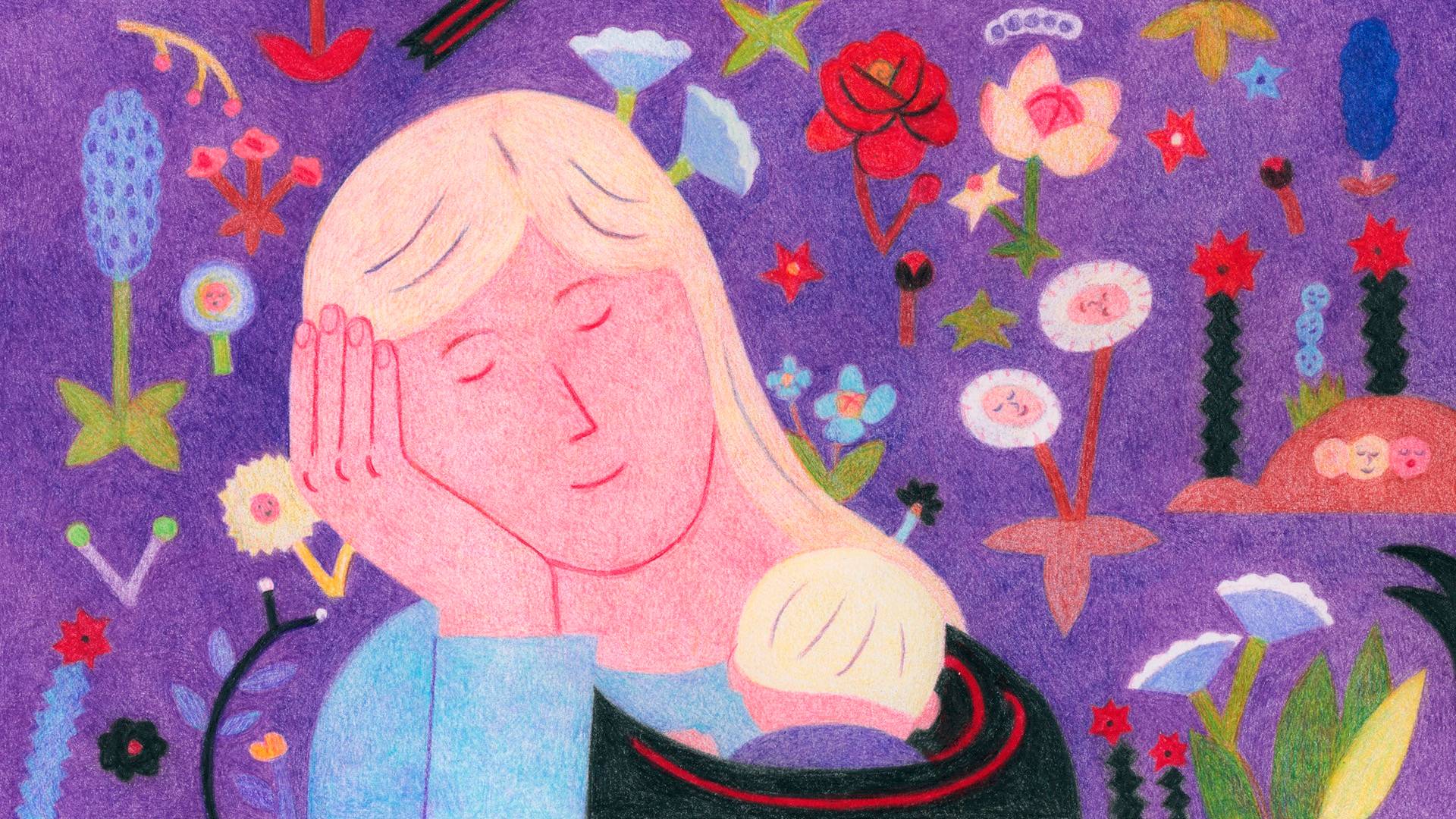 Illustration of a person with long blonde hair peacefully resting their head on their hand, with a small child nestled against them, surrounded by colorful, whimsical flowers on a purple background.