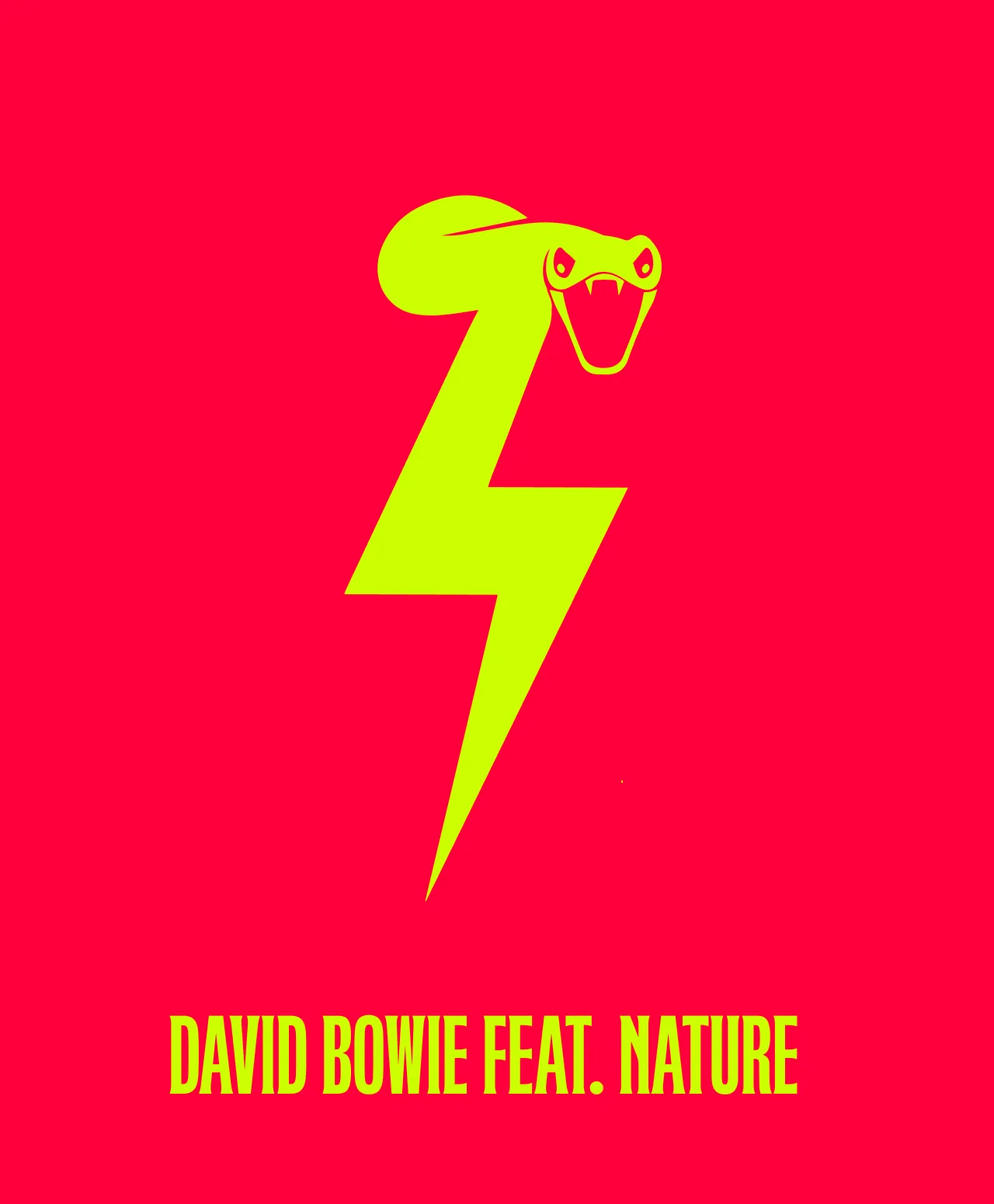 A yellow lightning bolt with a snakes head at the top on a bright pink background. Below, yellow text reads DAVID BOWIE FEAT. NATURE.