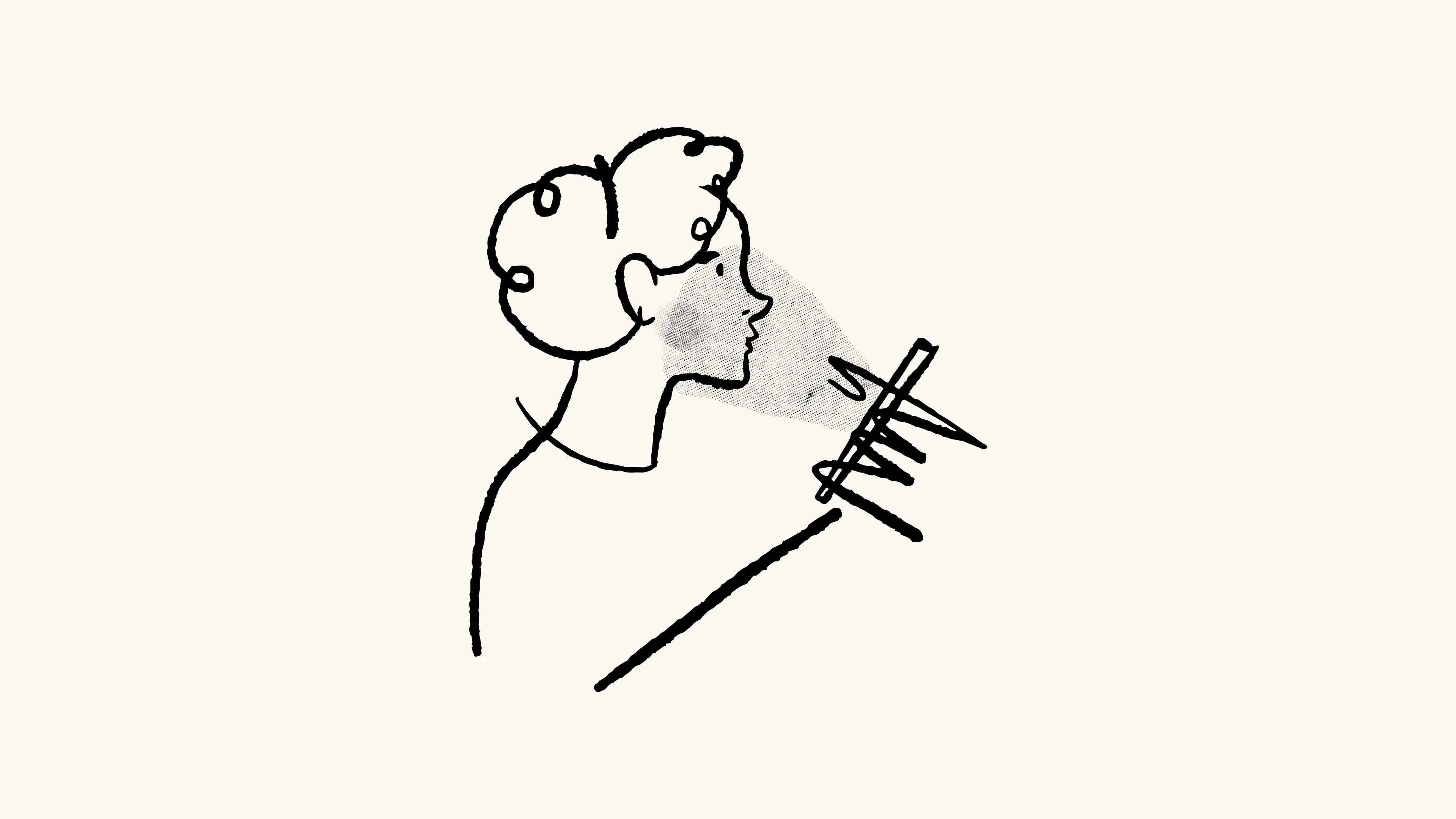 A minimalist line drawing of a person looking at a smartphone, with light shining from the phone onto their face, against a plain background.
