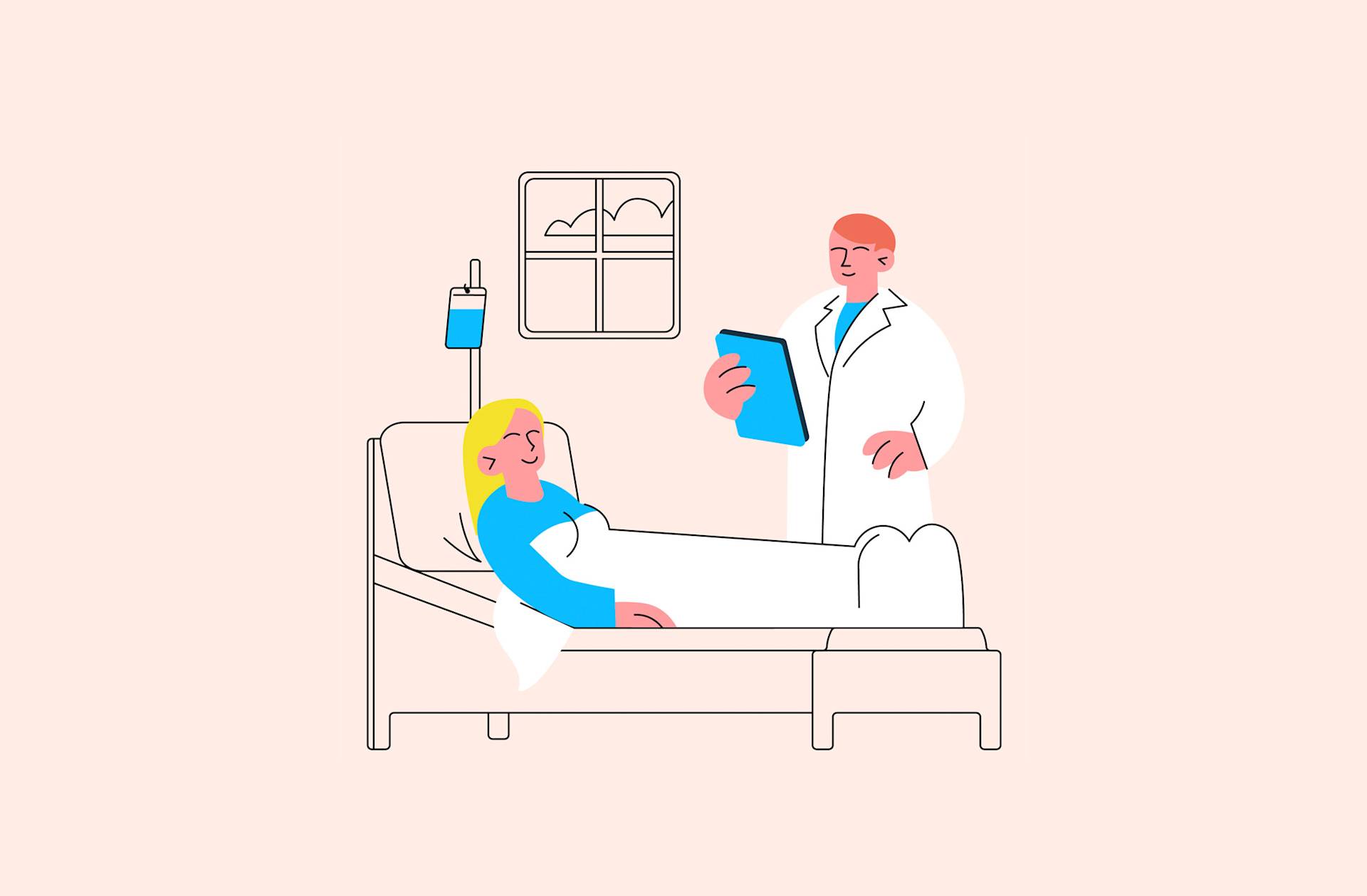 A patient lies in a hospital bed with an IV drip, smiling at a doctor who is holding a clipboard. A window with clouds is visible in the background.