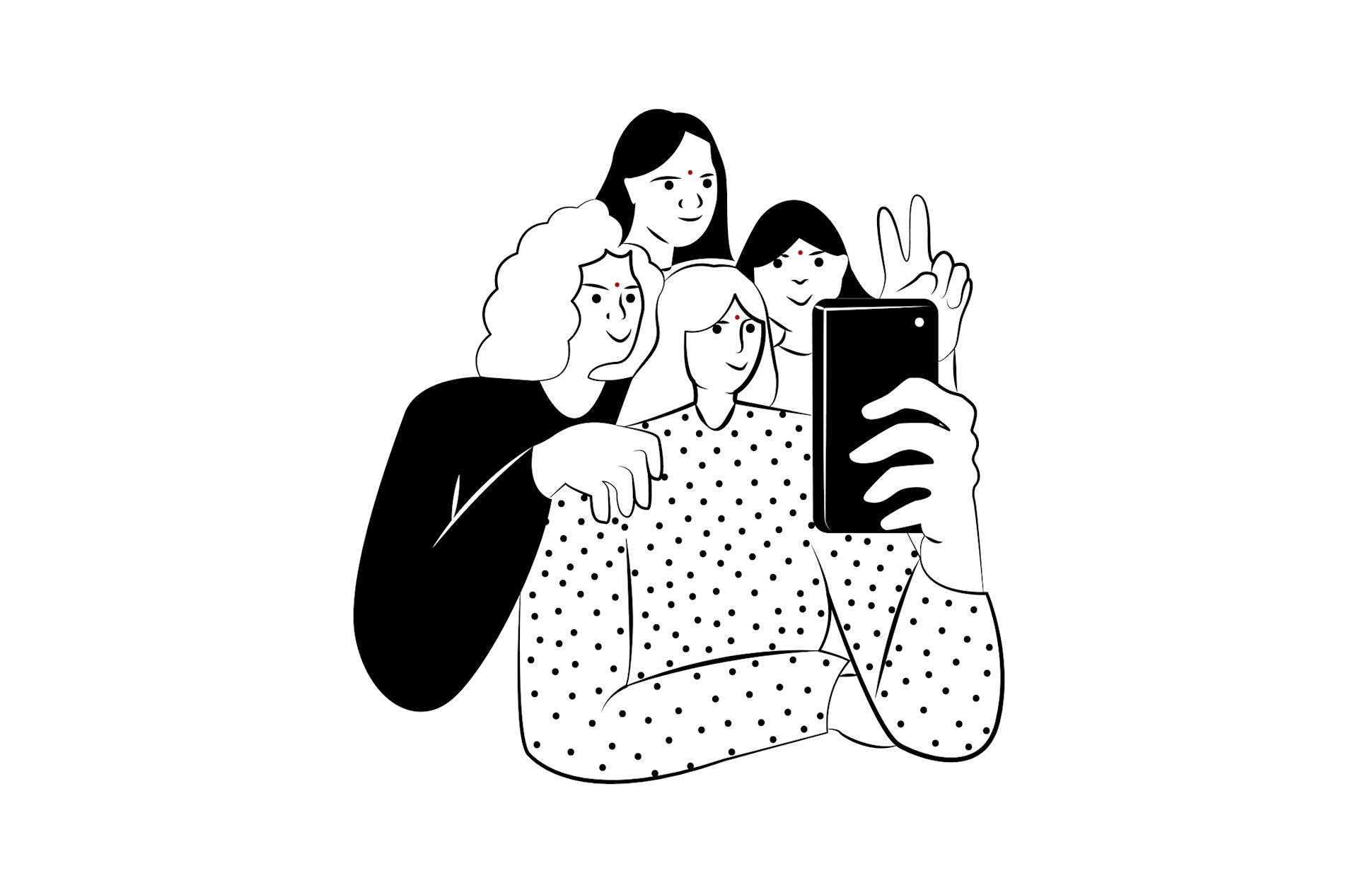 A black and white illustration of four people posing closely together and smiling as they take a group selfie with a smartphone; one person is making a peace sign.