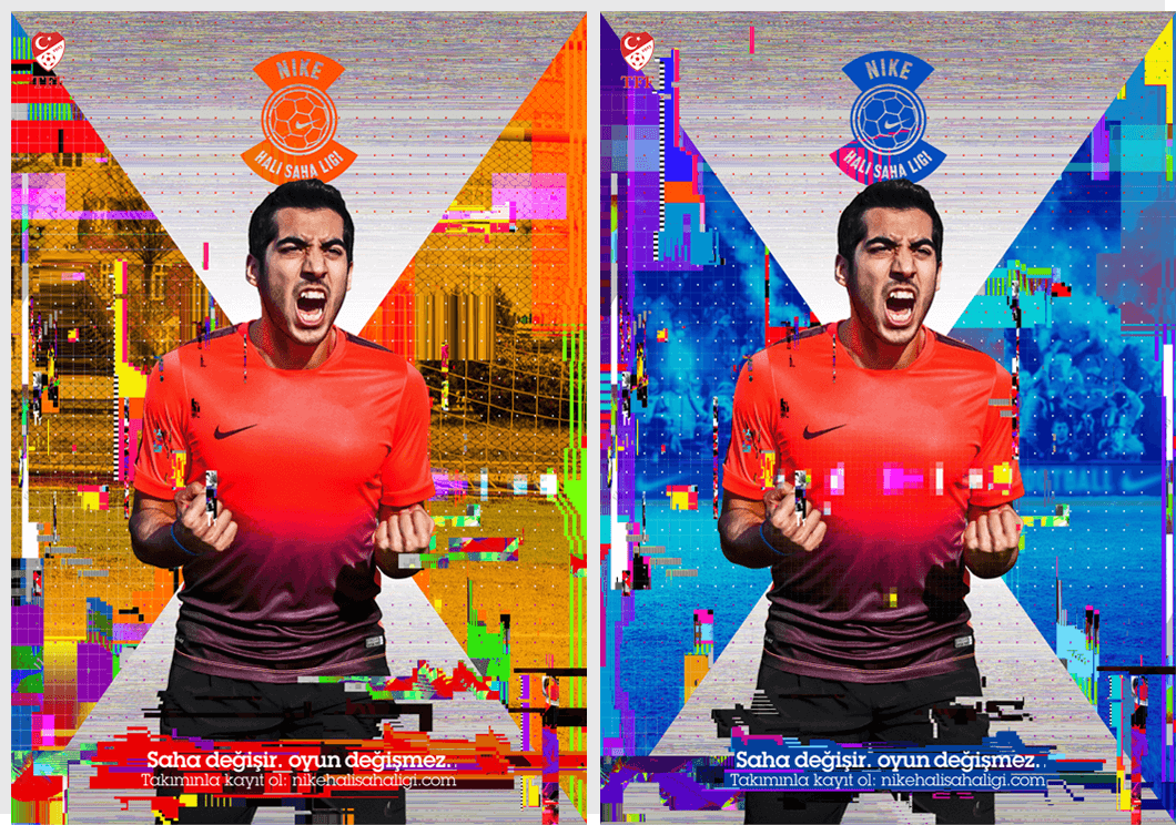 Two versions of a Nike football poster show a male soccer player in a red-orange jersey, fists clenched and shouting. The left side has an orange background, the right is blue, both with glitch-style digital effects.