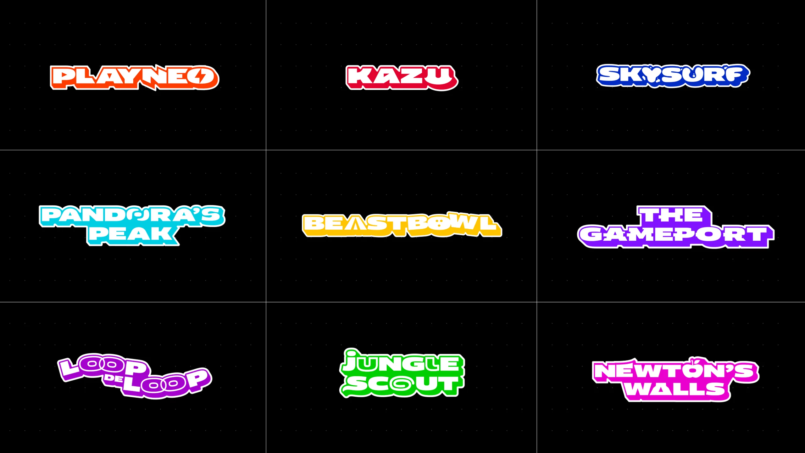A 3x3 grid with colorful, stylized game titles: PLAYNEO, KAZU, SKYSURF, PANDORAS PEAK, BEASTBOWL, THE GAMEPORT, LOOP DE LOOP, JUNGLE SCOUT, and NEWTONS WALLS, each in a unique font and color.