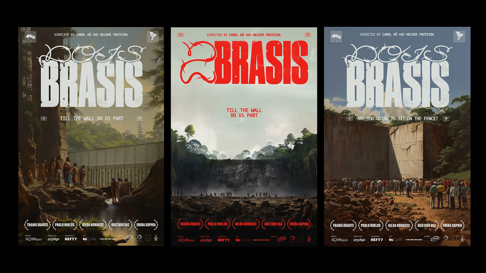 Three movie posters for Dois Brasis show groups of people separated by a massive wall in different environments—forest, cracked earth, and aerial perspective—highlighting the theme Till the wall do us part.
