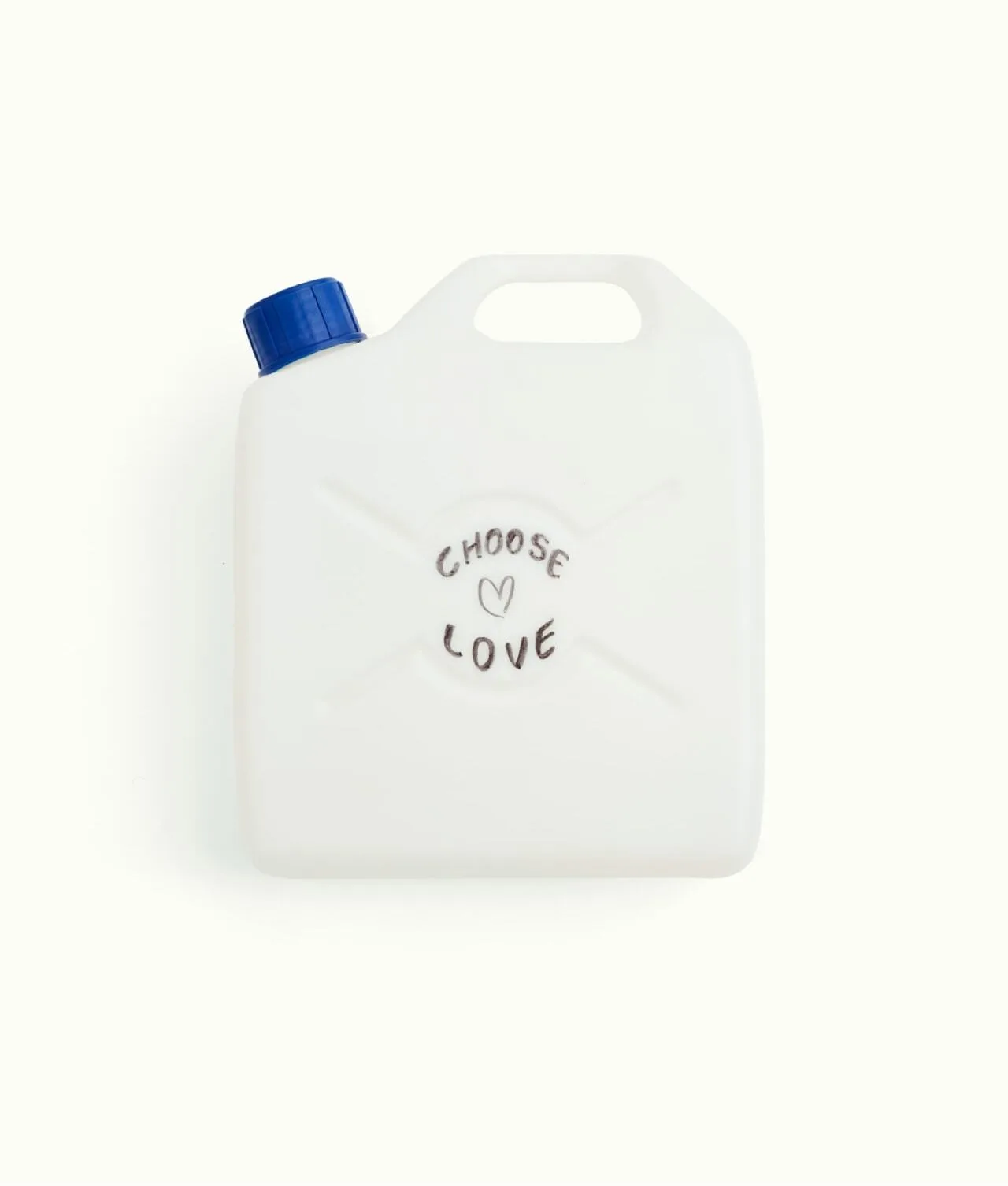 A white plastic jerry can with a blue cap, featuring the words CHOOSE LOVE and a heart drawn in black marker on its front.