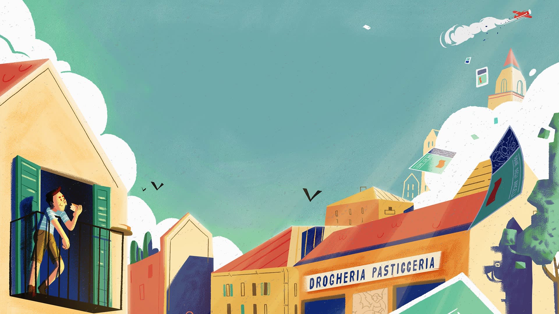 An animated scene shows a woman eating at an open window, overlooking a town square with shops labeled Drogheria Pasticceria. Letters and envelopes fly through the sky as a superhero in red zooms by above the rooftops.
