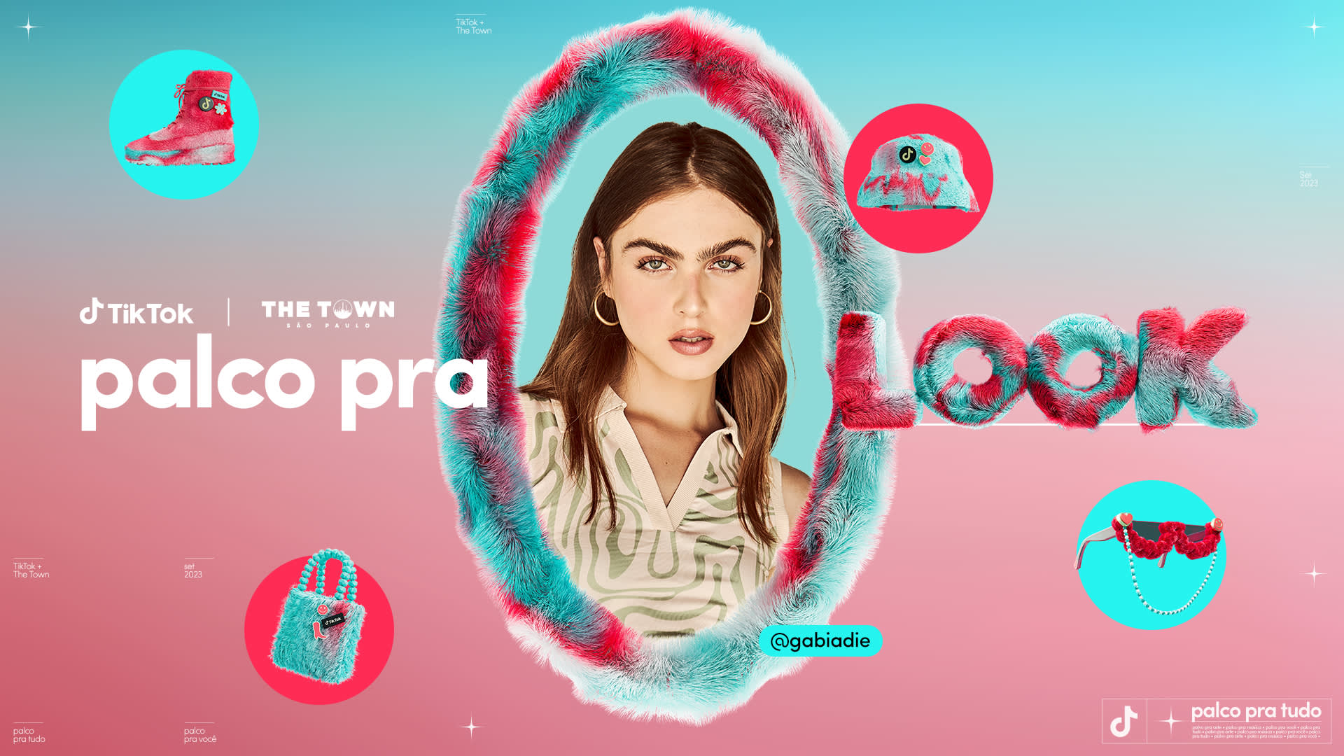 A woman with bold eyebrows and wavy hair is framed by pink and teal fur. Surrounding her are stylish accessories and shoes in matching colors, with the words “palco pra LOOK” and TikTok branding on a pink and blue gradient background.