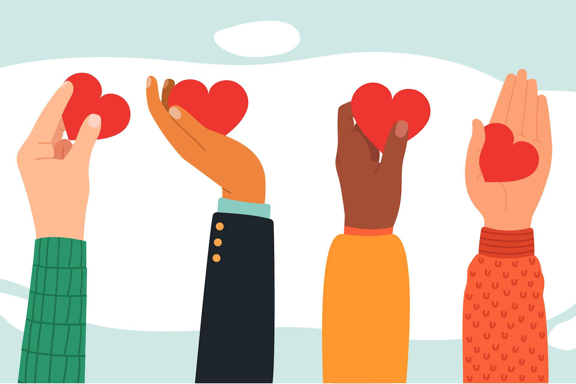 Four illustrated hands of different skin tones hold red heart shapes against a light blue background with white clouds, symbolizing love, kindness, and diversity.