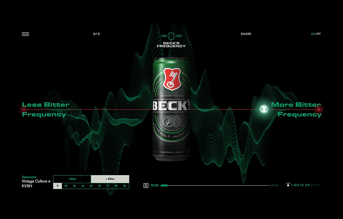 A can of Beck’s beer is centered on a dark background with green soundwave graphics. Text above a red line reads Less Bitter Frequency on the left and More Bitter Frequency on the right. A music player interface is at the bottom.