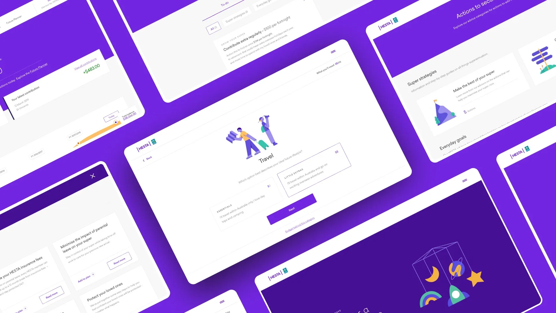 A digital illustration showing multiple overlapping web interface screens with a purple theme, featuring icons, text boxes, and buttons, representing a modern website or app design.