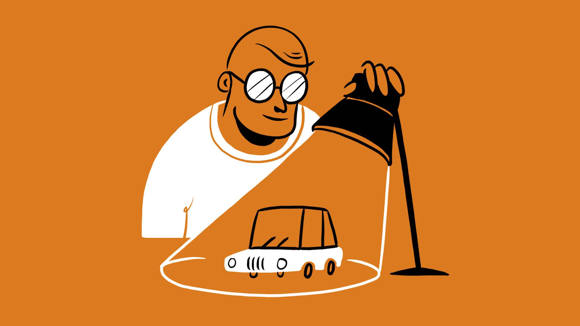 A person wearing round glasses shines a desk lamp on a small car, examining it closely; the scene is illustrated in black and white with an orange background.
