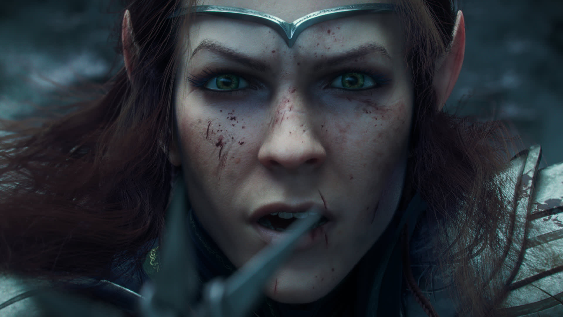 A close-up of a battle-worn elf with pointed ears, green eyes, a silver headband, and facial scratches, staring intensely with a sword blade near their face.