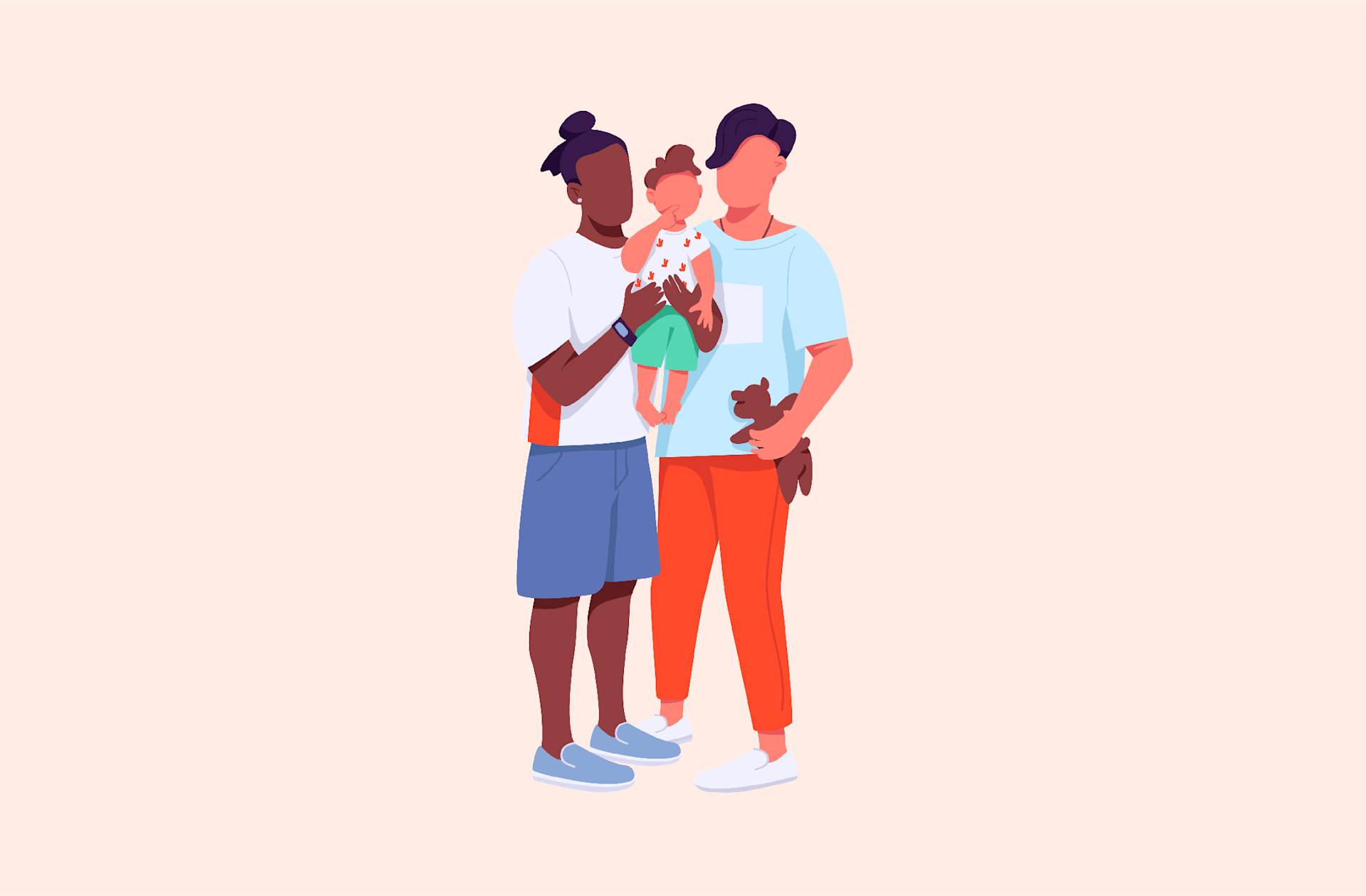 An illustration of two adults and a child standing together. One adult is holding the child while the other holds a teddy bear. All three look happy and close, standing on a light background.
