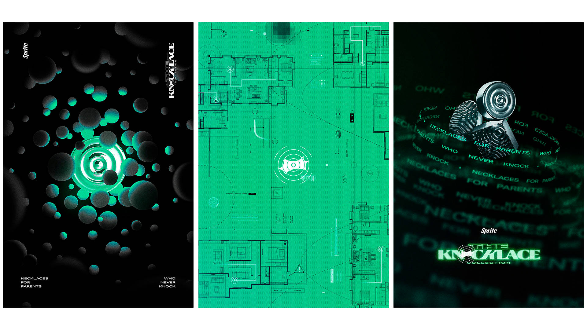 A triptych featuring abstract digital art: the first panel has floating black spheres and glowing rings, the second shows a green-tinted building blueprint, and the third displays a metallic pendant with swirling text and neon green light.