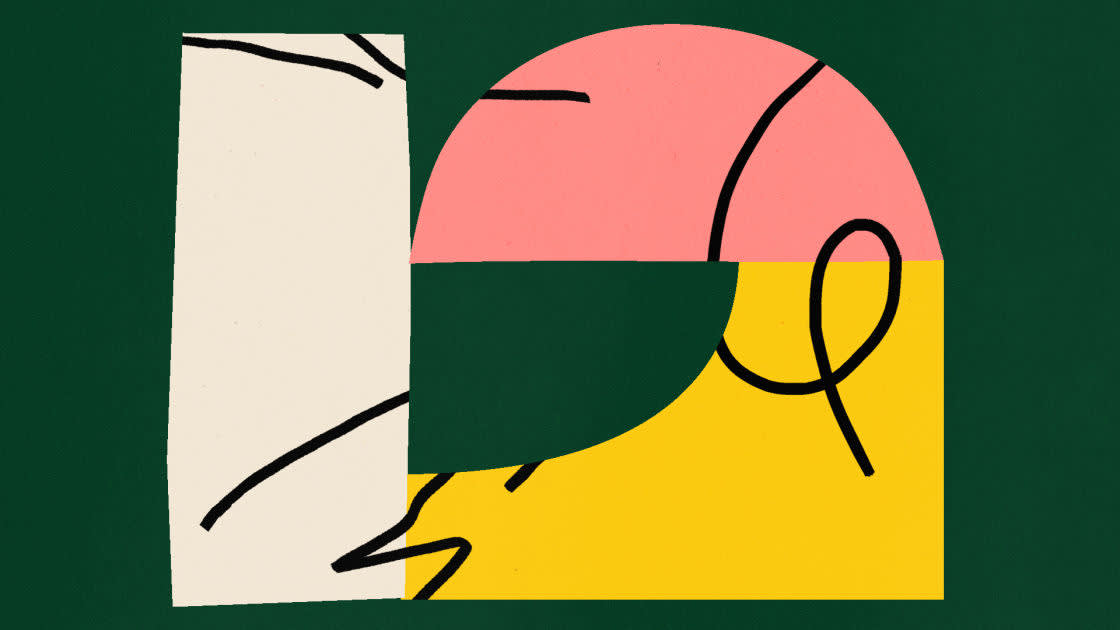 Abstract illustration with a beige rectangle, a pink semicircle, and a yellow quarter circle on a dark green background, overlaid with wavy black lines.