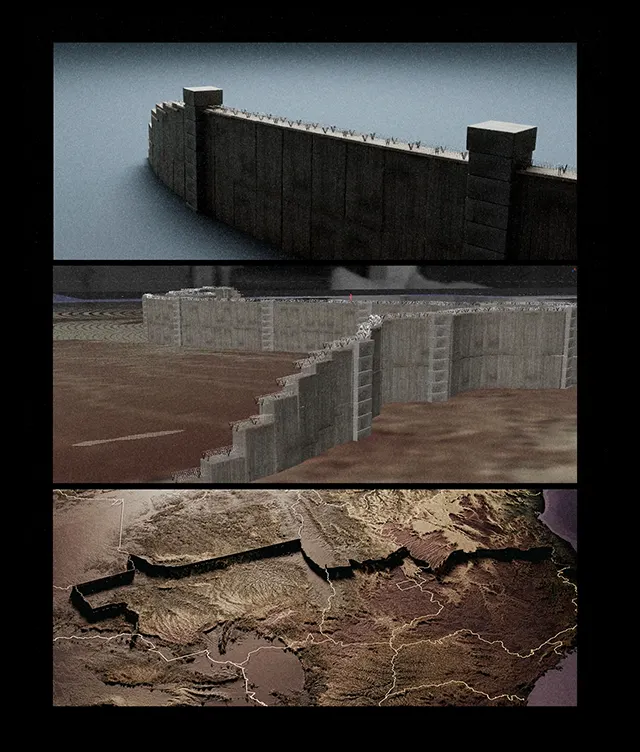 Three panels show a massive concrete wall: the top panel shows the wall in water, the middle shows it across dry land, and the bottom shows it spanning a detailed map of Eastern Europe and Asia.