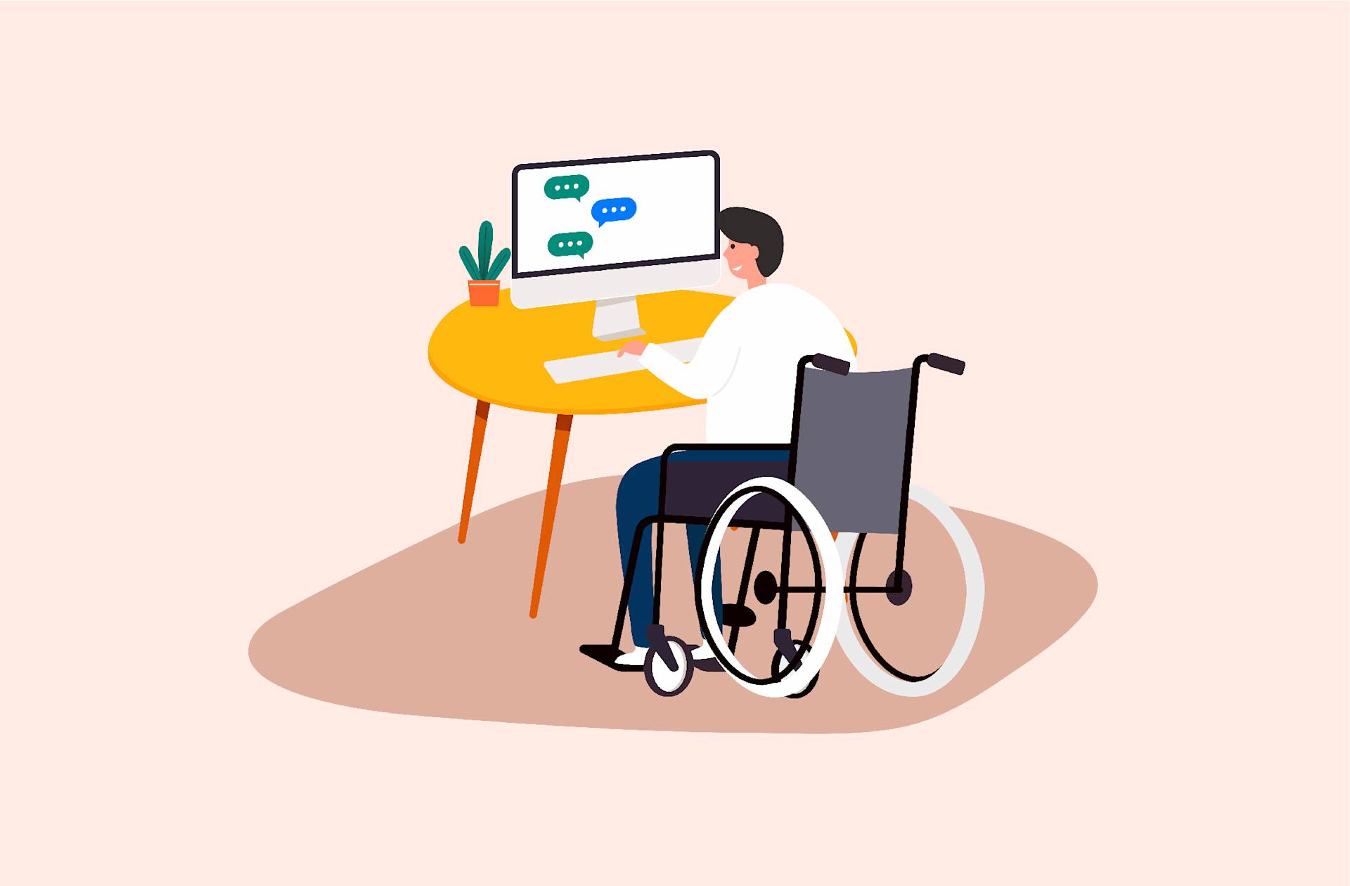 Illustration of a person in a wheelchair working at a desk with a computer, typing on a keyboard. There is a potted plant on the desk, and chat bubbles are displayed on the computer screen.