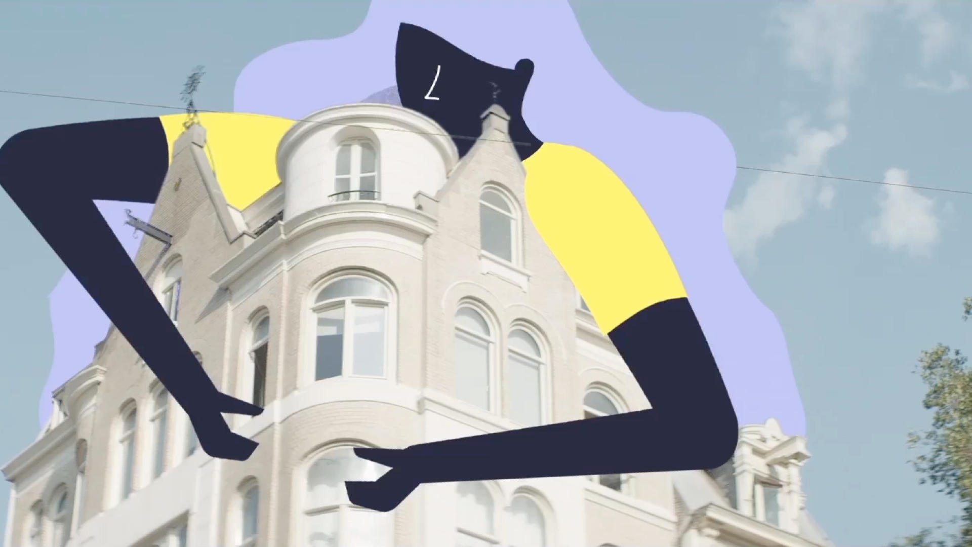 An abstract illustration of a large figure with a black face and arms, wearing a yellow shirt, appears to be hugging or holding a white, ornate building with many windows against a blue sky.