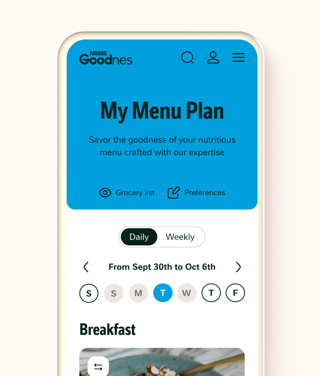 A smartphone screen displays a menu planning app called Goodnes showing My Menu Plan with options for grocery list, preferences, daily/weekly views, and a selected week in September.