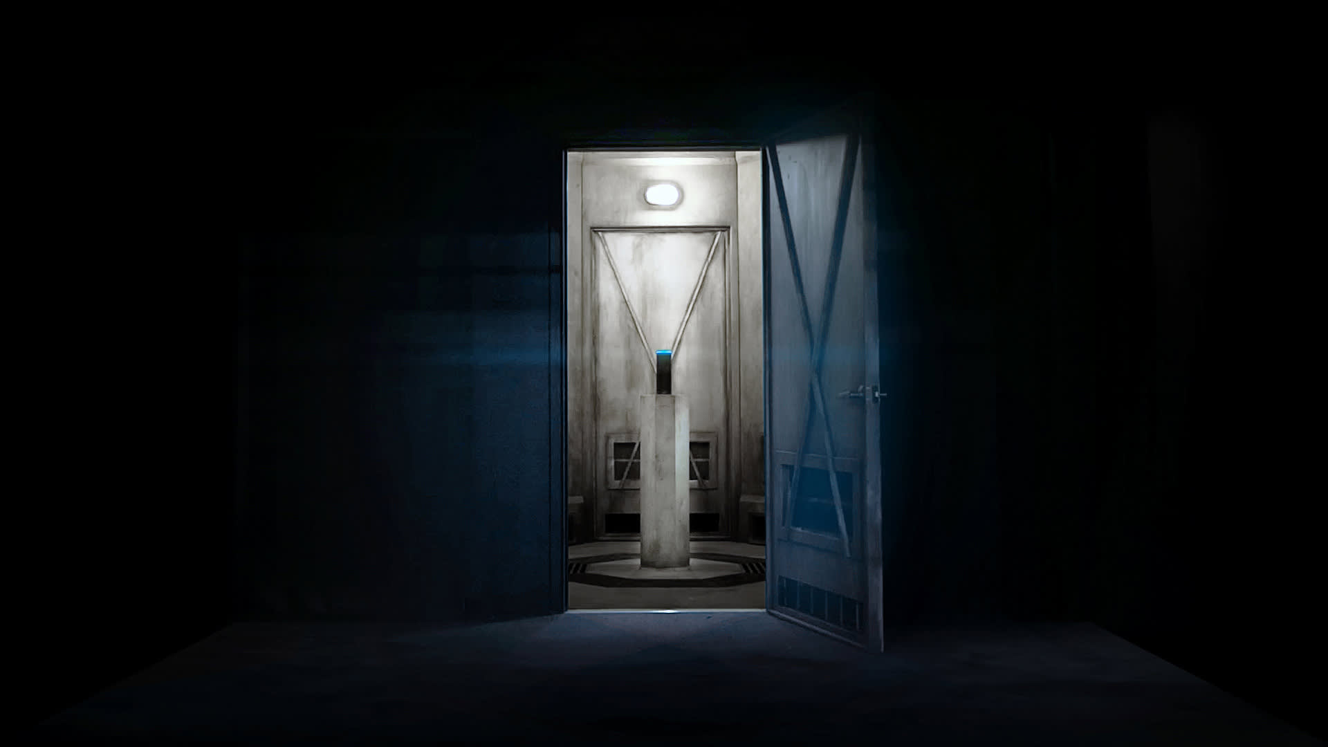 A dark room with an open door revealing a lit pedestal inside, holding a mysterious object. Light from the doorway highlights the pedestal and contrasts with the surrounding darkness.