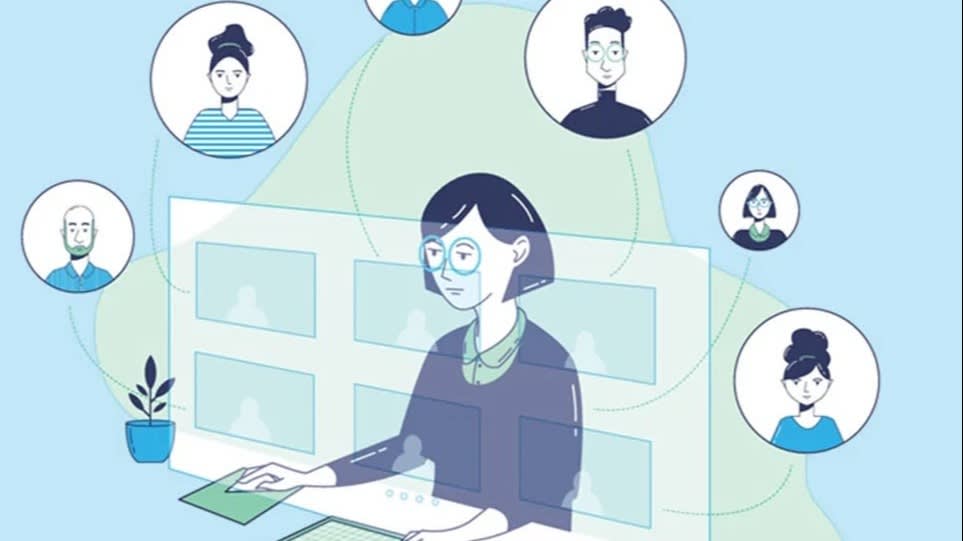 Illustration of a woman using a computer for a virtual meeting, with several people’s faces in circles connected around her, representing remote communication or online collaboration.