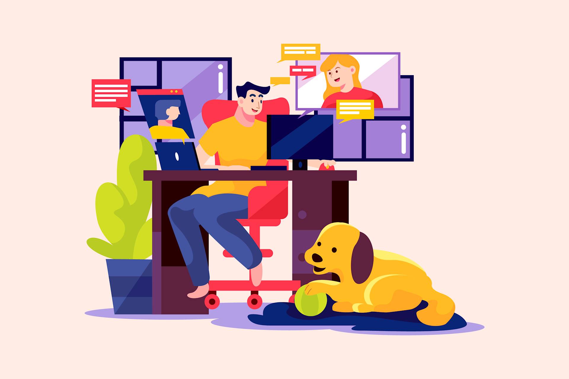 Illustration of a person working at a desk with a computer, chatting with colleagues on screen, while a yellow dog plays with a green ball on the floor nearby. A plant sits next to the desk.