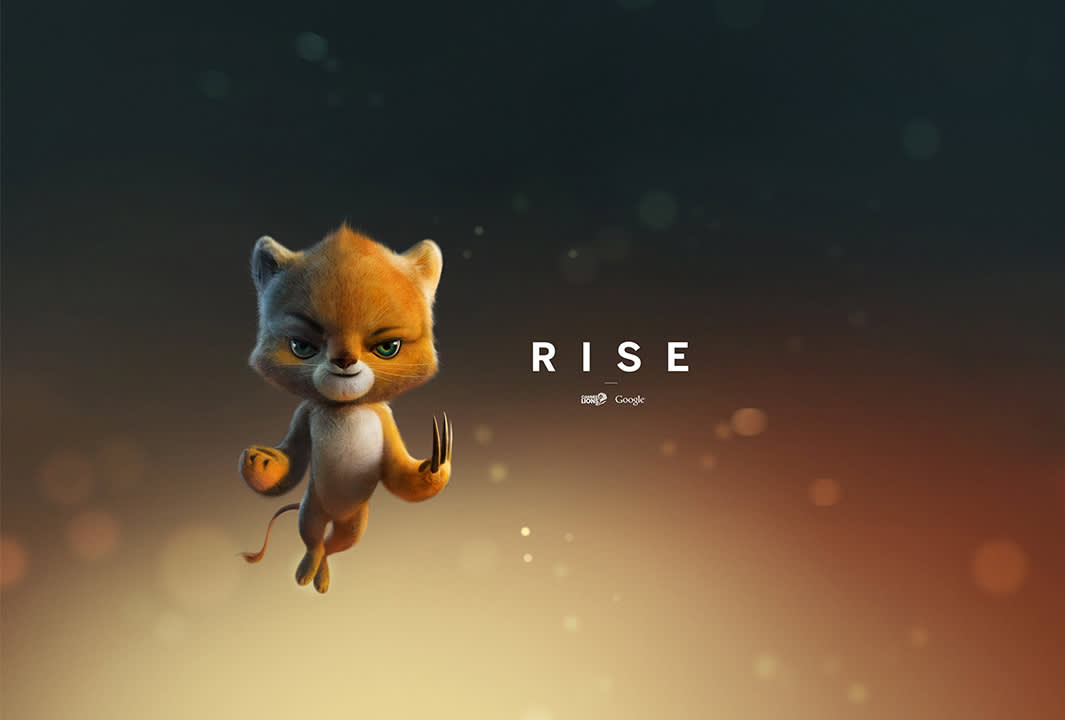 A fierce cartoon kitten with a determined expression and claws extended floats in midair on a blurred gradient background. The word RISE appears in bold white letters next to the kitten.