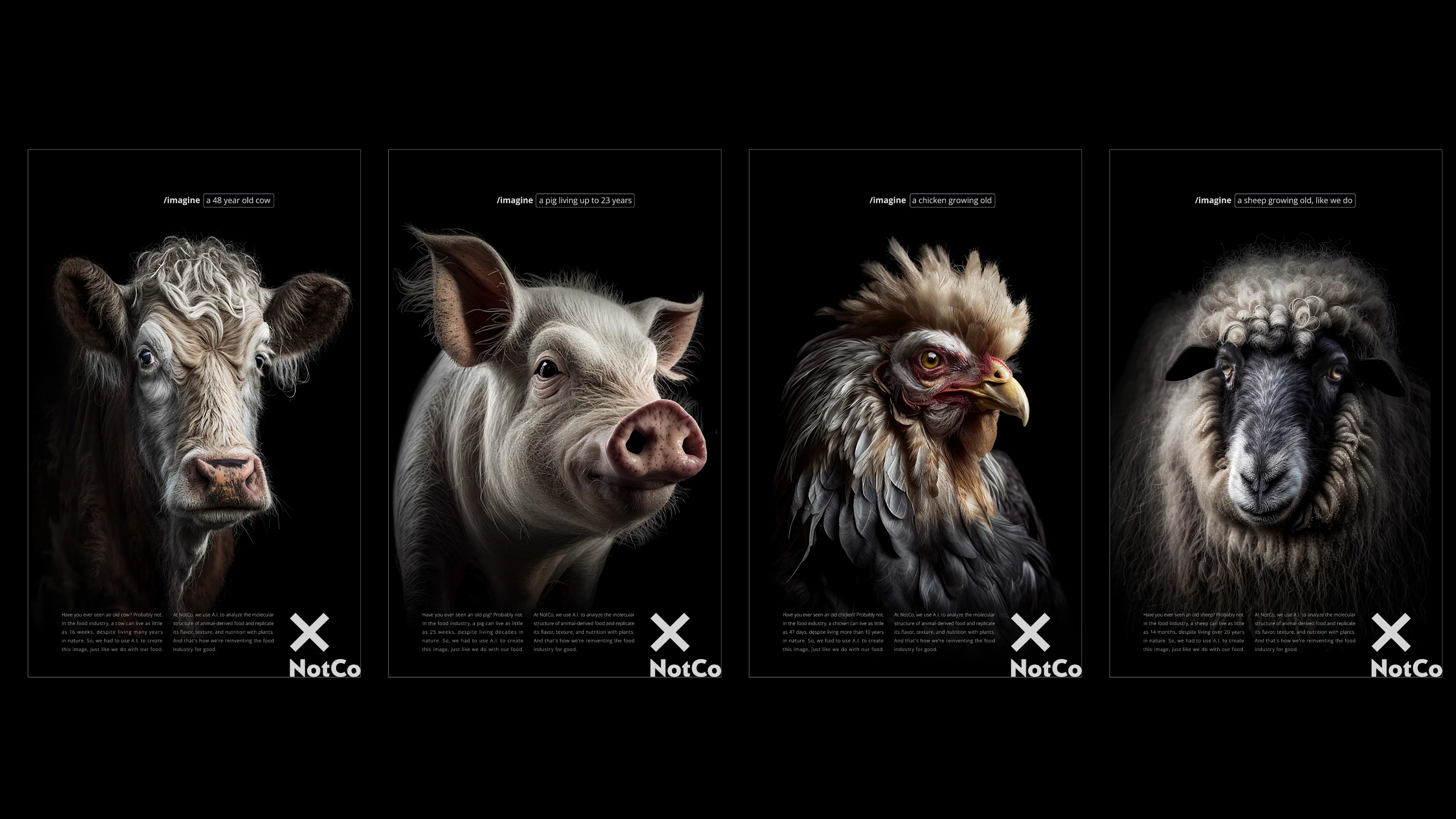 Four detailed portraits on a black background: a cow, a pig, a rooster, and a sheep. Each animal is photographed individually, facing forward. The NotCo logo and name appear in the lower right of each image.
