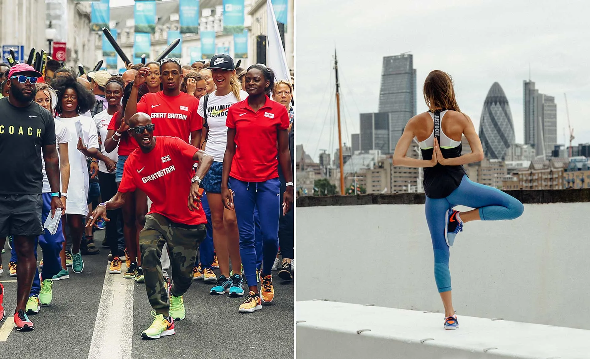 Left: A group of runners, some wearing “Great Britain” shirts, gather at a race event outdoors. Right: A woman practices yoga in tree pose on a rooftop with modern city skyscrapers in the background.