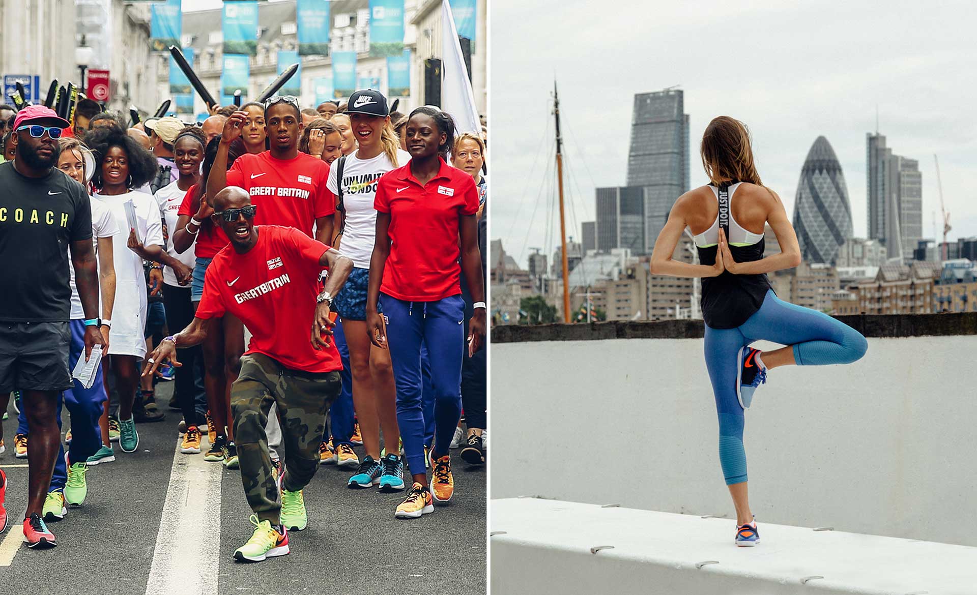 Left: A group of runners, some wearing “Great Britain” shirts, gather at a race event outdoors. Right: A woman practices yoga in tree pose on a rooftop with modern city skyscrapers in the background.