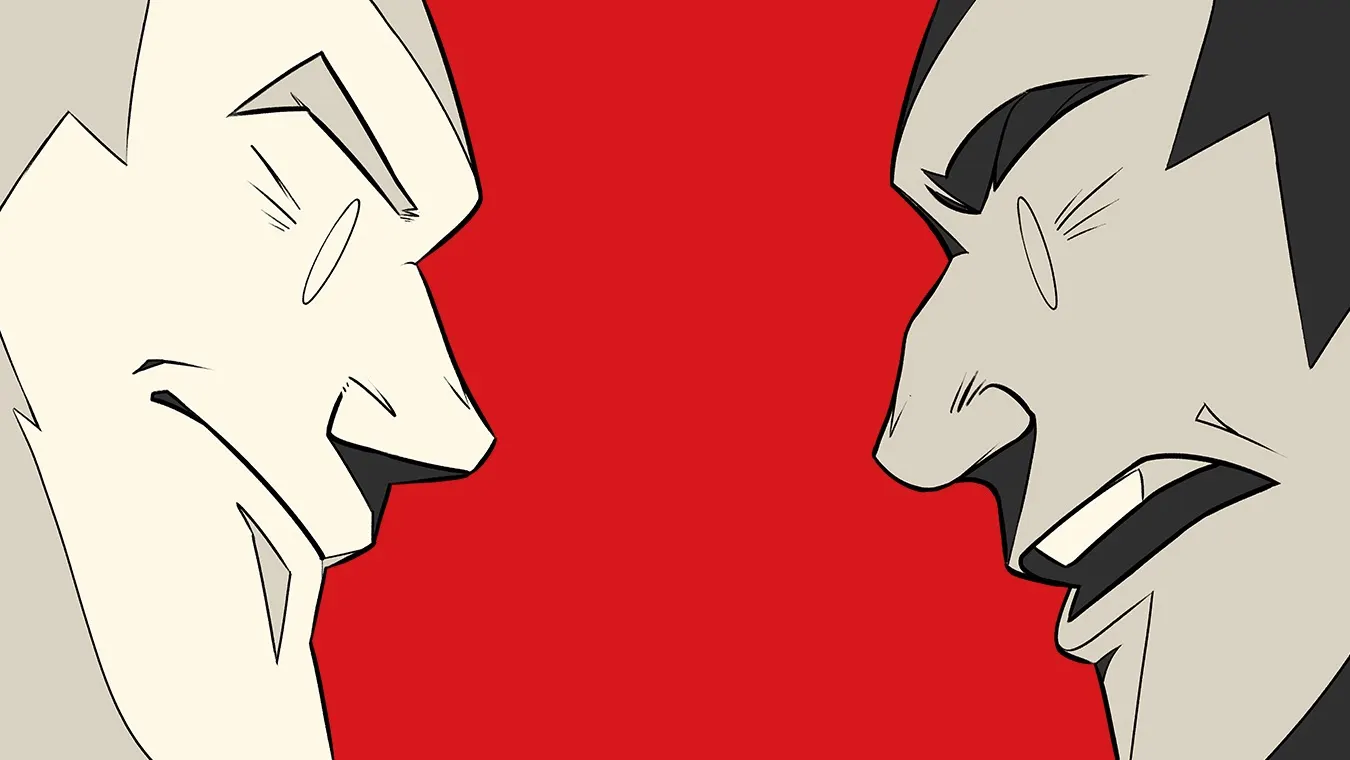 Two stylized, animated male faces are shown in profile, facing each other with intense, serious expressions against a bold red background. The image suggests confrontation or rivalry.