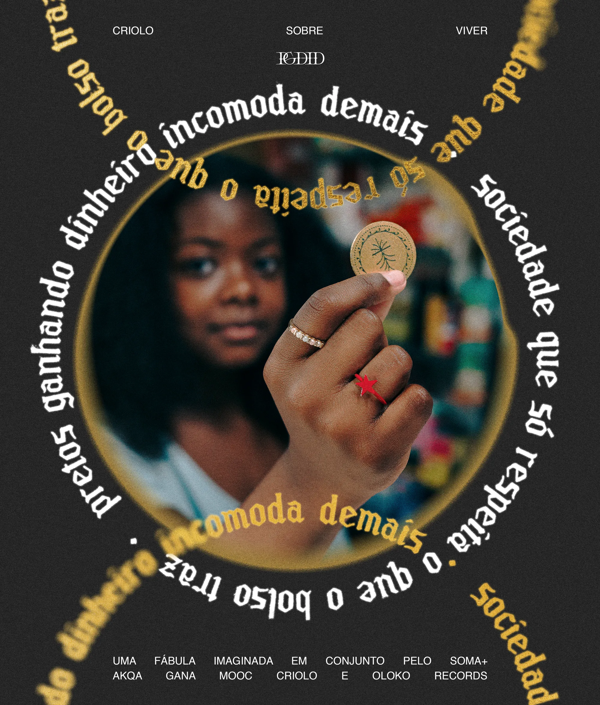 A Black woman holds up a coin featuring a tree symbol, with gold circular text in Portuguese surrounding her. The background is softly blurred, and additional text appears at the top and bottom of the image.
