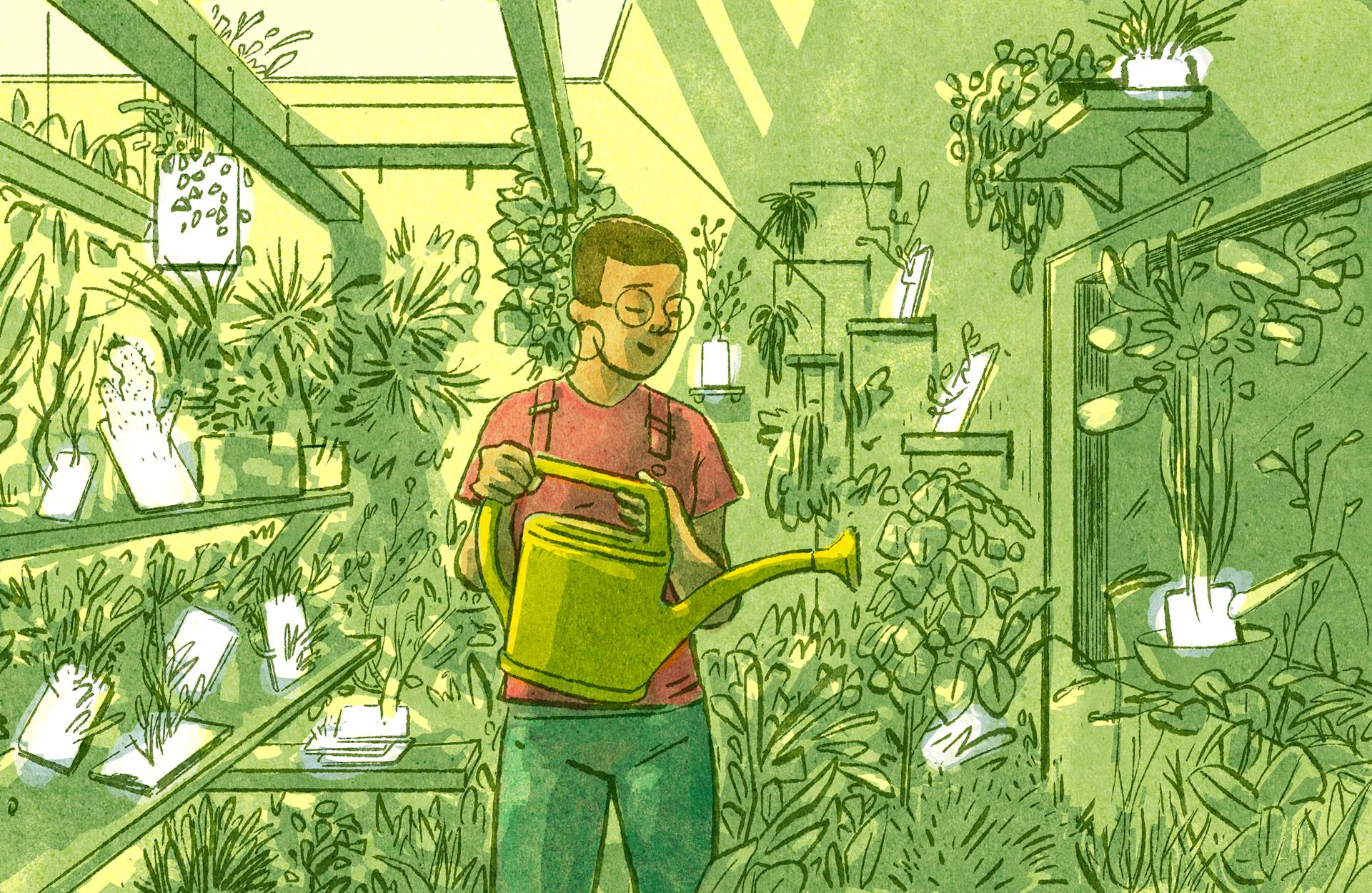 An illustration of a person holding a watering can, in a greenhouse, surrounded by many different plants.