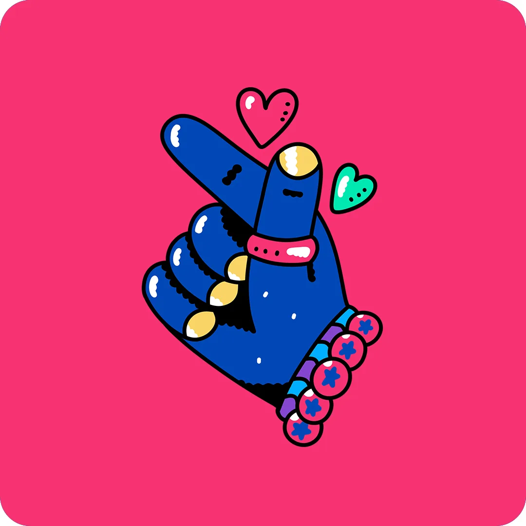 A blue cartoon hand with yellow-tipped nails makes a finger heart gesture, wearing colorful rings and a beaded bracelet, with a pink background and two floating hearts above the fingers.