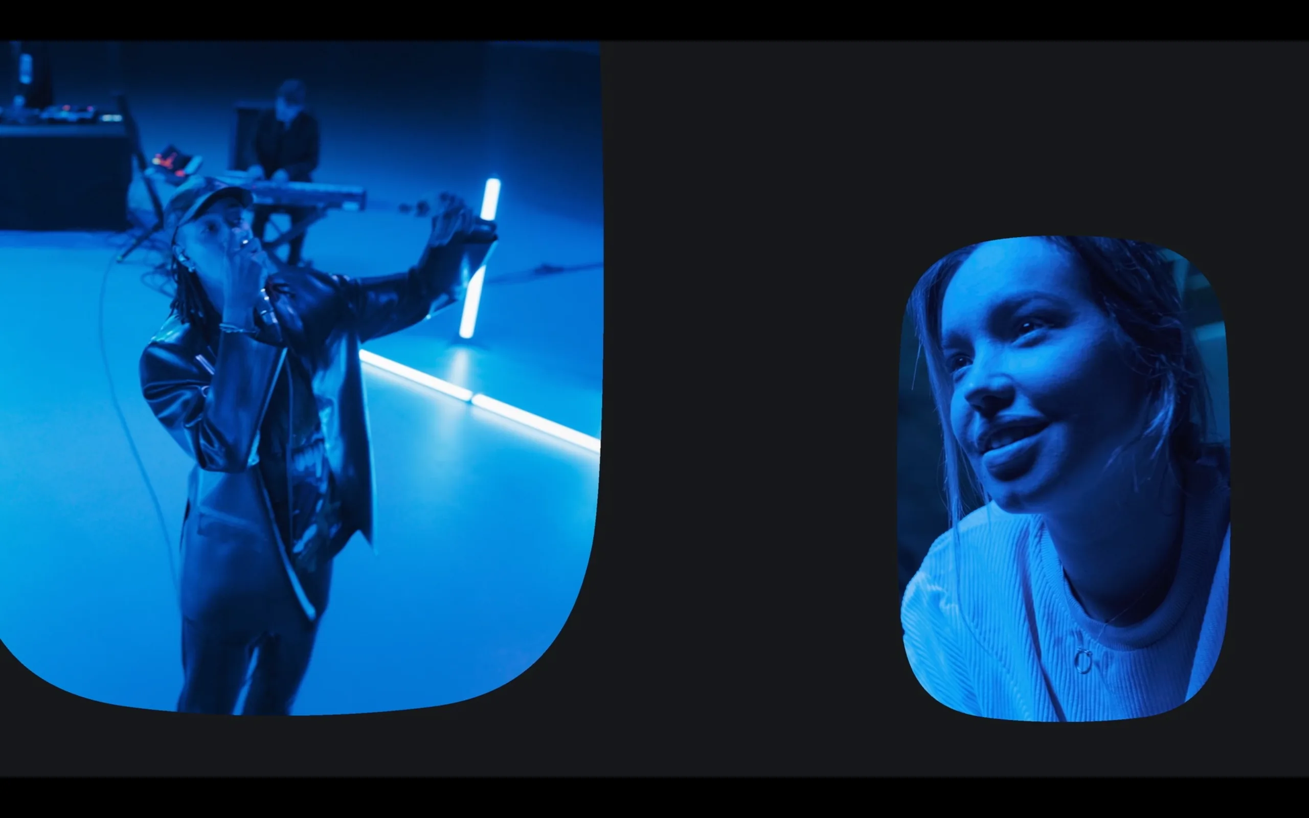 A split-screen image shows a performer singing passionately into a microphone on a blue-lit stage on the left, while, on the right, a woman in soft light smiles and looks towards the performer.