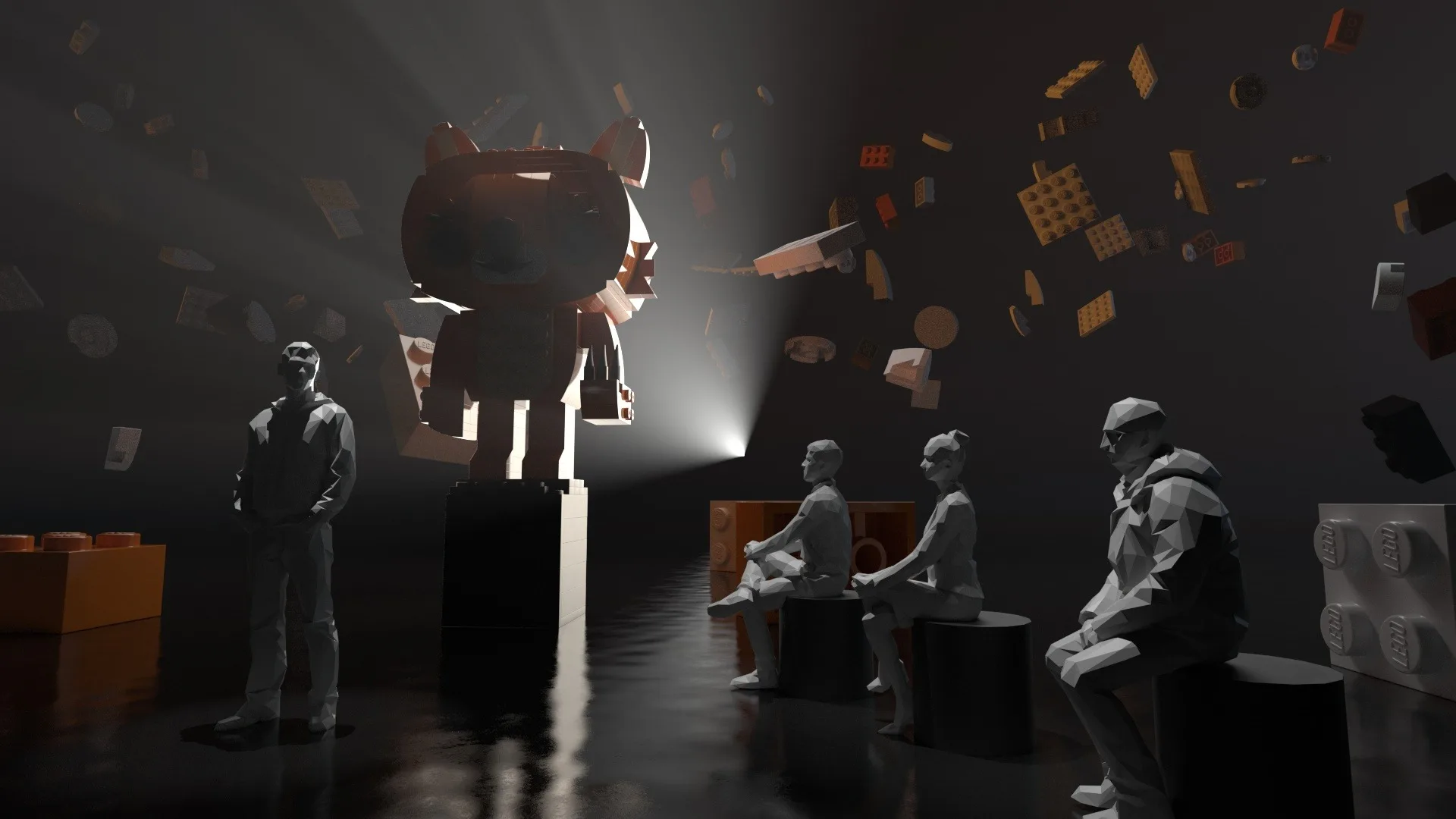 Four grayscale human figures sit and stand in a dark room, facing a large LEGO-style cat statue. LEGO bricks float in the air around them, illuminated by dramatic spotlights and beams of light.