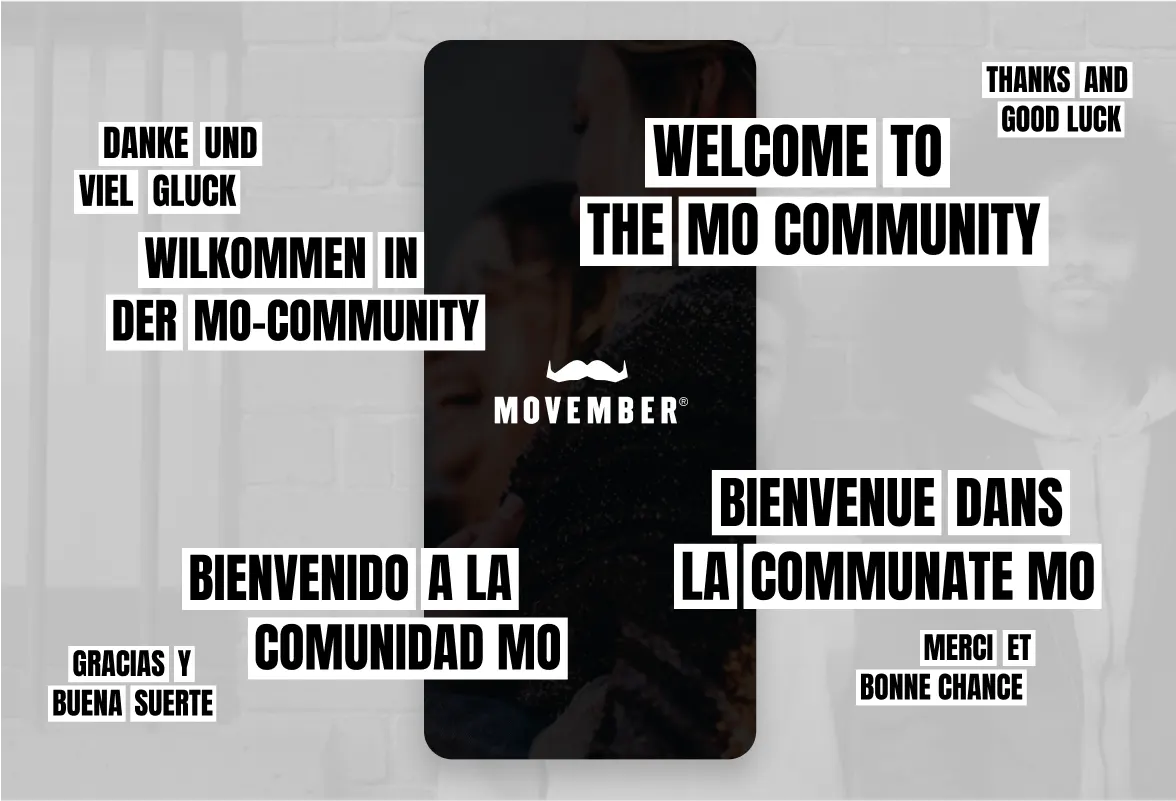 A black rectangular card with the Movember logo in the center, surrounded by “Welcome to the Mo Community” in multiple languages, including English, German, Dutch, French, and Spanish, on a light background.