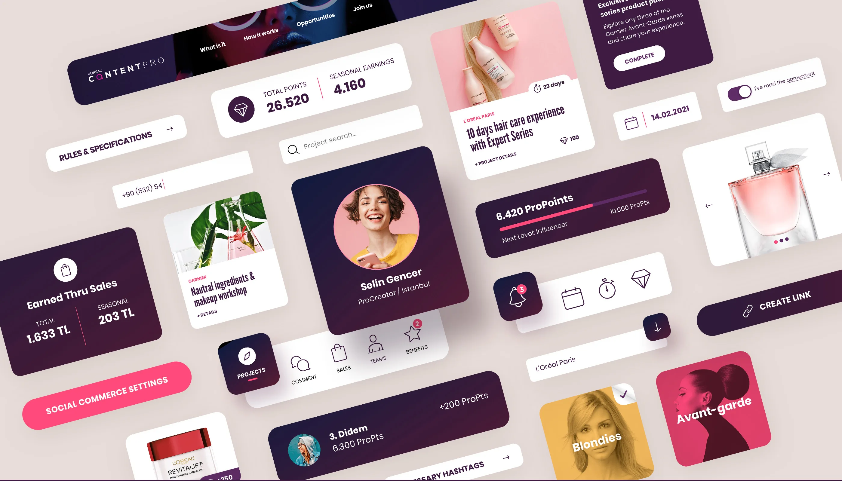 A digital interface mockup displays various user profile cards, product images, points, statistics, buttons, and shopping elements in shades of purple, white, pink, and gold, arranged in a scattered, floating layout.