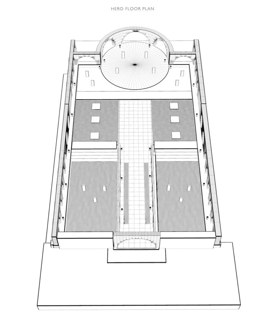 Black and white architectural floor plan showing a rectangular building with a central aisle, side rooms, stairs, columns, and a large domed area at the far end labeled Hero Floor Plan.