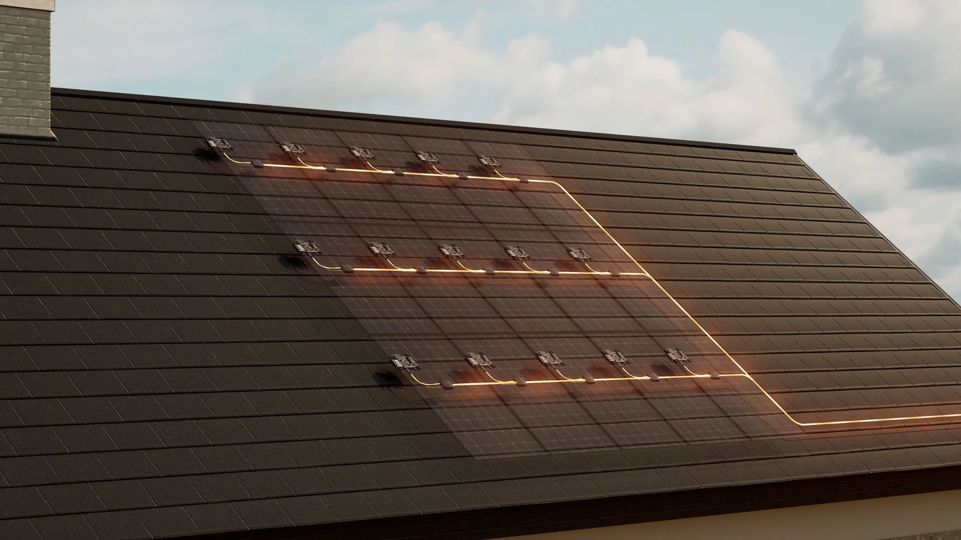 A section of a house roof with solar panels installed, showing illuminated orange lines representing electrical connections running between the panels and exiting the roof. The sky is visible in the background.