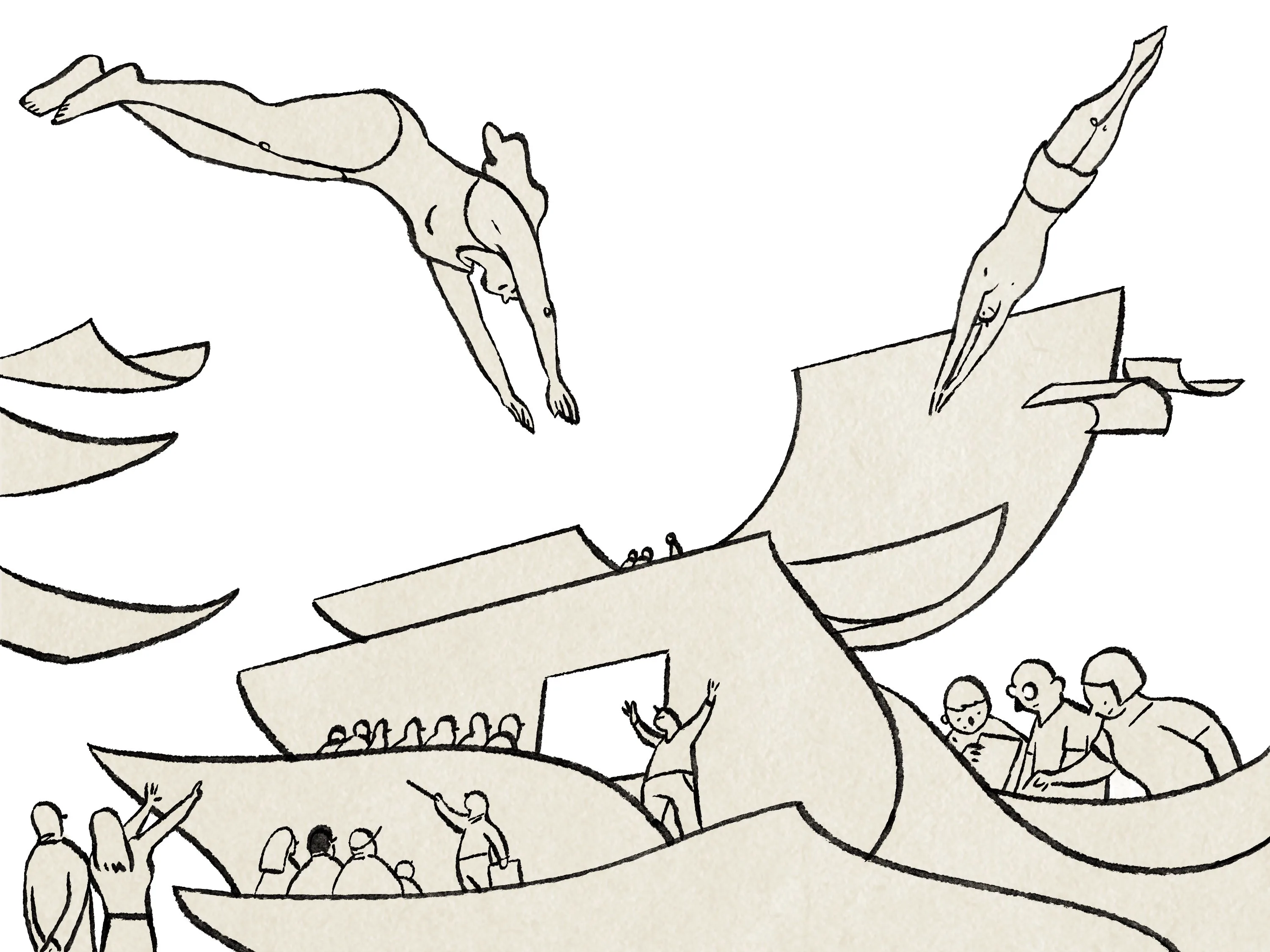A stylized drawing shows people diving off curved, abstract architectural structures while others watch, talk, or gesture from the platforms below. The scene has a dynamic, playful atmosphere.