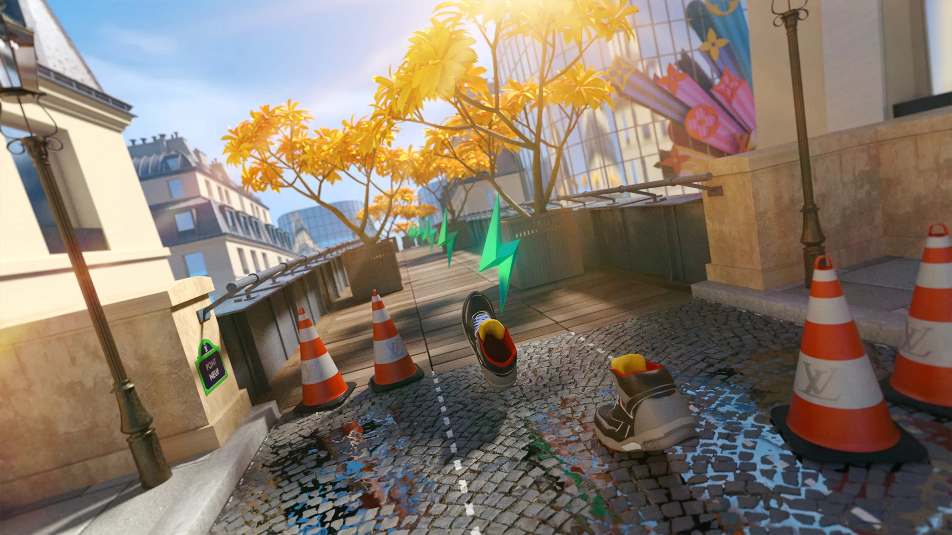 A pair of sneakers run on a cobblestone street lined with orange trees and traffic cones under a bright sky, leaving reflections in a puddle; the scene has a vibrant, animated style.